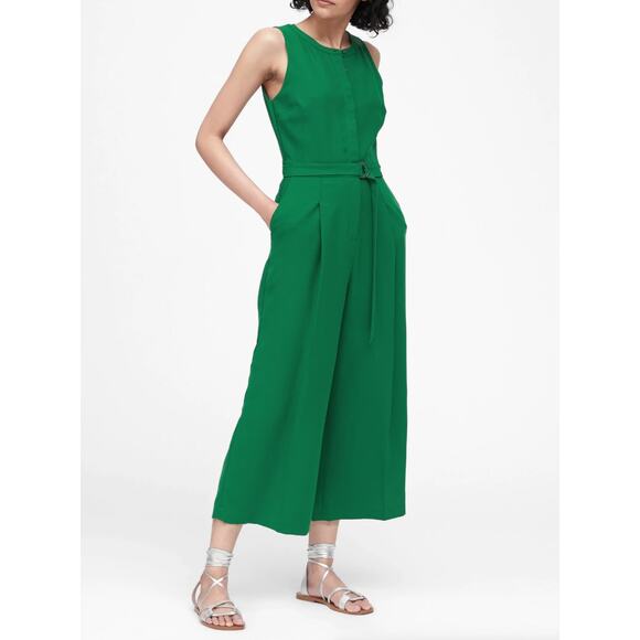 BANANA REPUBLIC Button Front Wide Leg Crop Crepe Jumpsuit Kelly Green Sz 14 {P3} - Picture 2 of 7